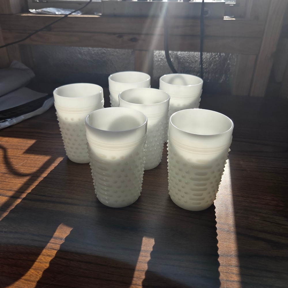 Vintage White Milk Glass Hobnail Tumblers Drinking Glasses Lot of 7 Mid Century